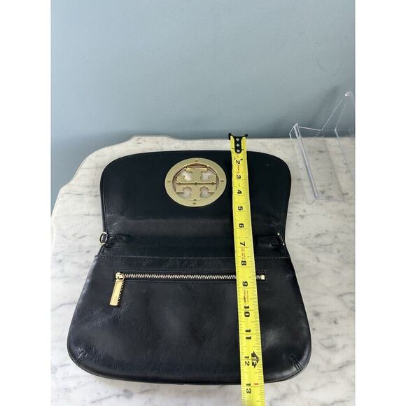 Tory Burch Reva Black Leather Purse Detachable Gold Chain Strap Crossbody Clutch - Picture 6 of 16